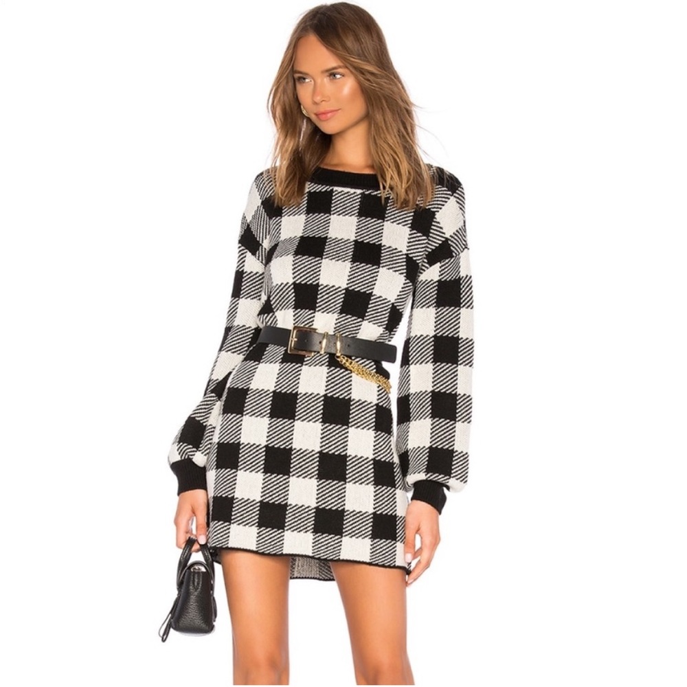 LPA Floyd Sweater Dress Black and Ivory Check Size S